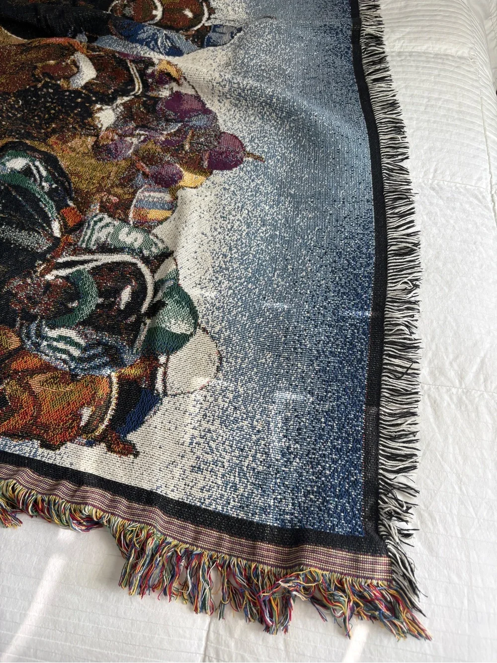 Vintage 90’s Horse Track Racing Jockeys Equestrian Throw Blanket Fringe Ends
